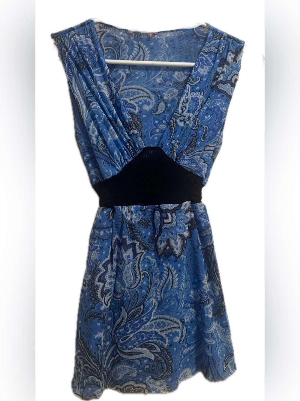 Blue Paisley Wrap blouse with Black Waistband